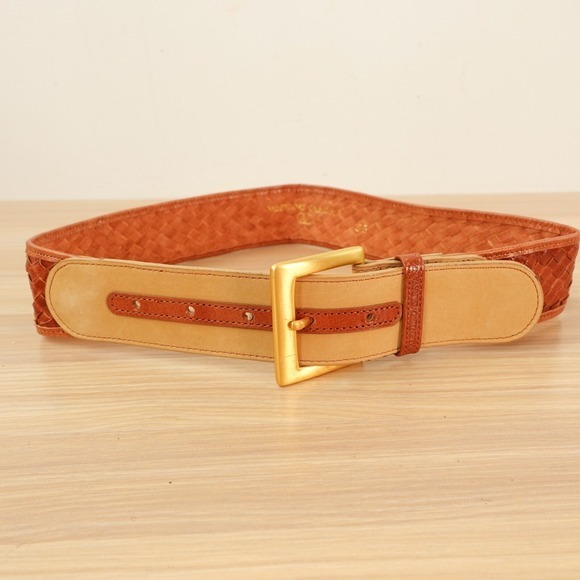 Valentino Garavani Belt Women 65 26 XS Brown Gold Buckle Leather Weave‎ VINTAGE
